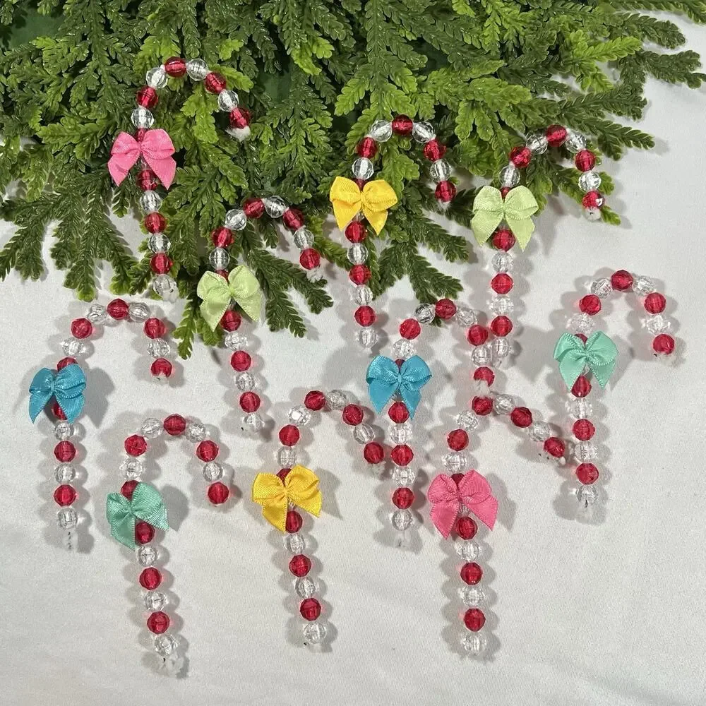 Vintage Beaded Candy Canes on Chenille Stems* Pastels w/ Modern Bows Set of 10